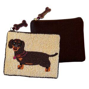 NEW DACHSHUND Doxie Dog Seed Beaded India Artisan Anthropologie Charm Coin Pouch